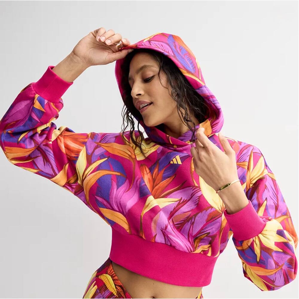 NEW ADIDAS FARM RIO Bold Pink Cropped Jacket Tropical Hoodie Size Medium